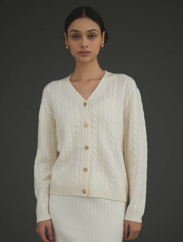 캐시미어 꽈배기가디건 아이보리